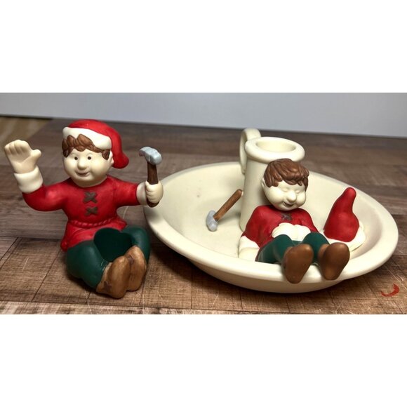 Vintage PartyLite Christmas Candle Holder With Elves - Picture 2 of 7